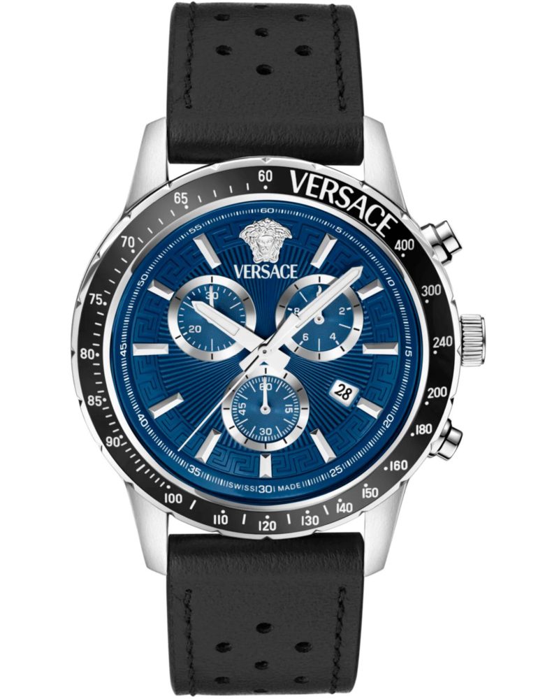 Versace Blue Chronograph Leather Strap Watch