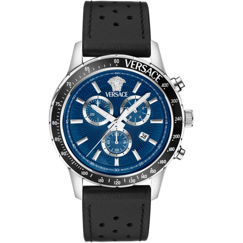 Versace Blue Chronograph Leather Strap Watch