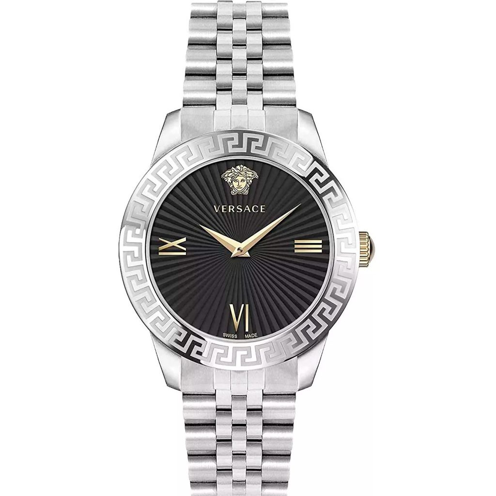 Versace Silver Greca Black Dial Watch