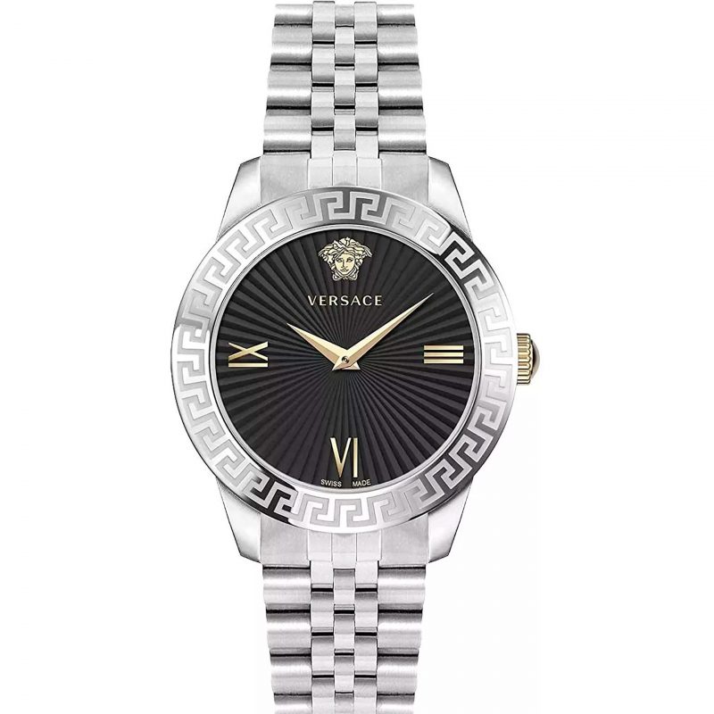 Versace Silver Greca Black Dial Watch